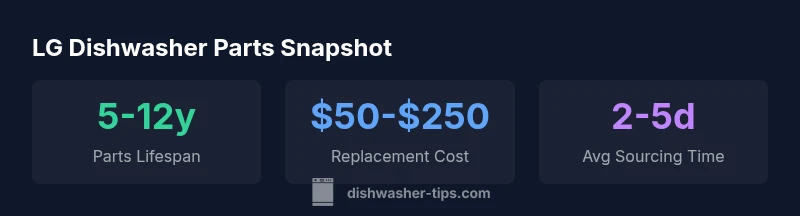 Infographic showing lifespan, cost, and sourcing time for LG dishwasher parts