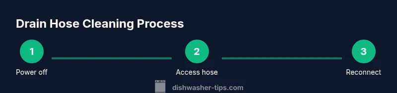 Process diagram showing steps to clean a dishwasher drain hose