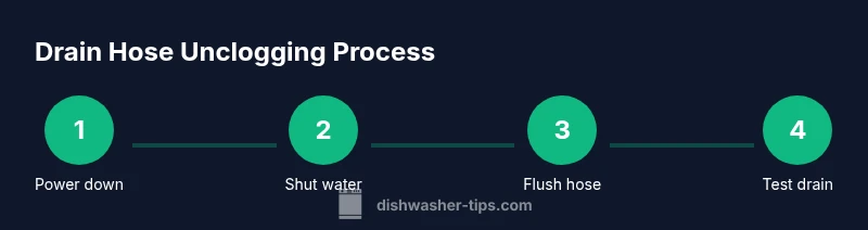 Infographic showing step-by-step process to unclog a dishwasher drain hose