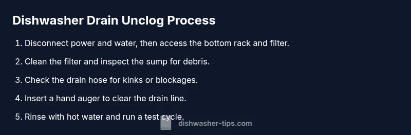 Process diagram showing steps to unclog a dishwasher drain